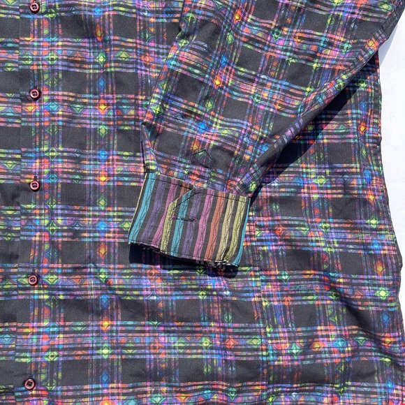 7 Downie St Button Up Shirt Mens 3X Abstract Multicolor Plaid Neon - Picture 7 of 8